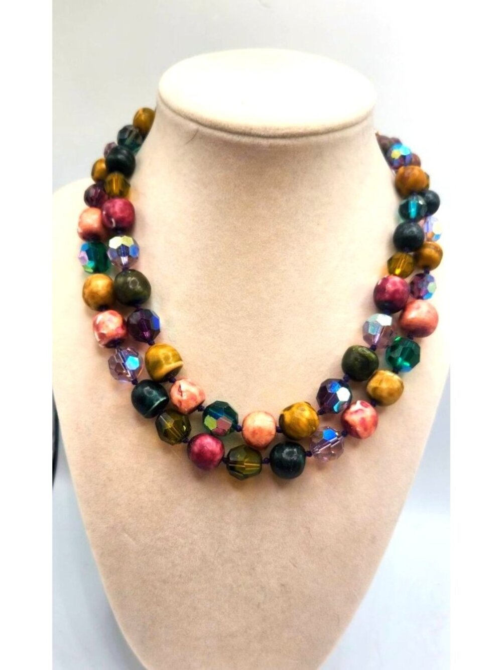 Colorful Multicolor Beaded Necklace With Faceted Glass & Marble-Like Beads Doub